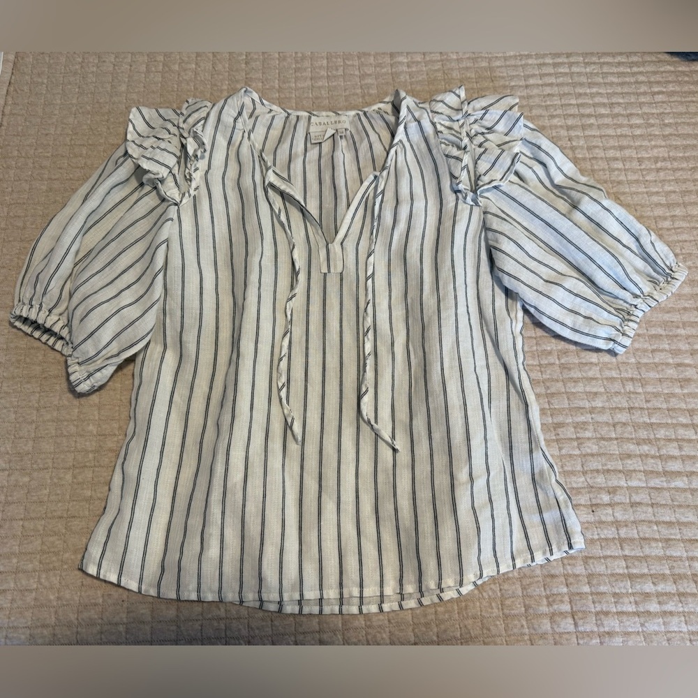 Anthropologie Caballero Cloe Blouse Short Sleeve Top Linen Stripe Ruffle XS
